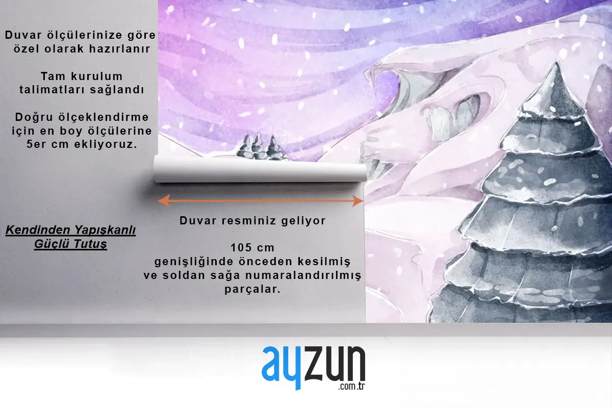 Çam Ağaçları Ile Suluboya Kış Manzarası Çocuk Odası Duvar Kağıdı