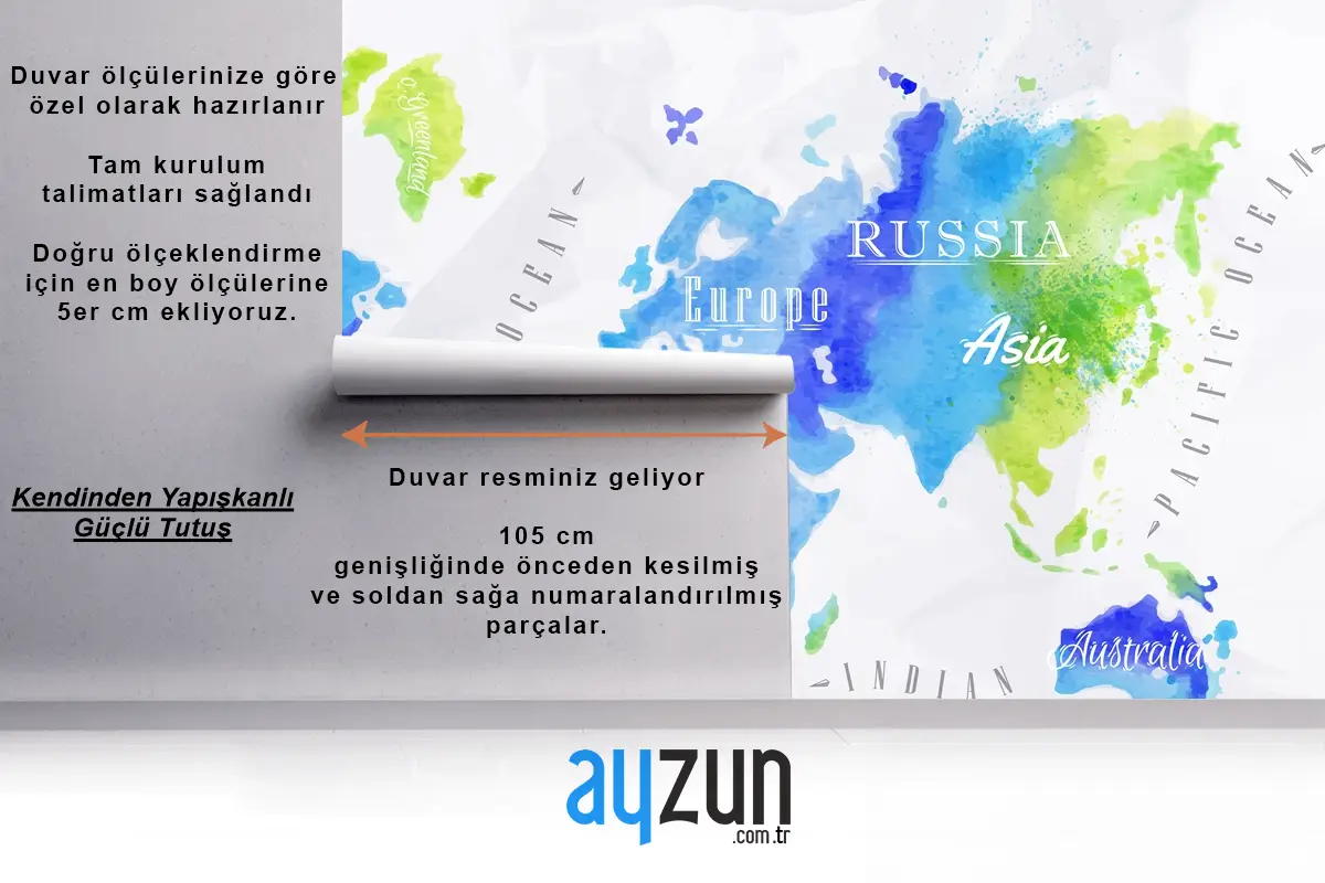 Suluboya Dünya Haritası Çocuk Odası Duvar Kağıdı 