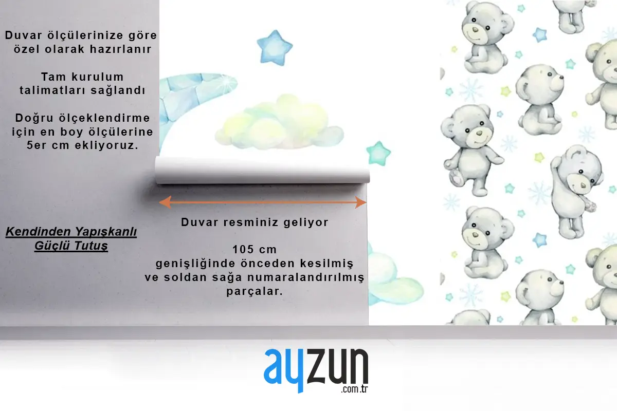 Beyaz Ayı Ay'da ve Bulutlarda Uyur Çocuk Odası Duvar Kağıdı