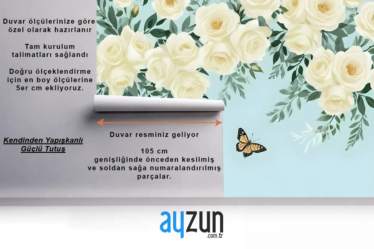 Beyaz Çiçekler Ve Sarı Kelebek Duvar Kağıdı 