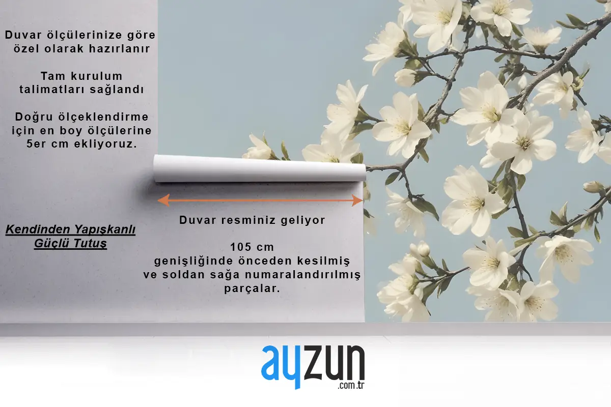 Soluk Mavi Gökyüzüne Karşı Ağaç Dallarında Açan Beyaz Çiçekler Oturma Odası Salon Duvar Kağıdı