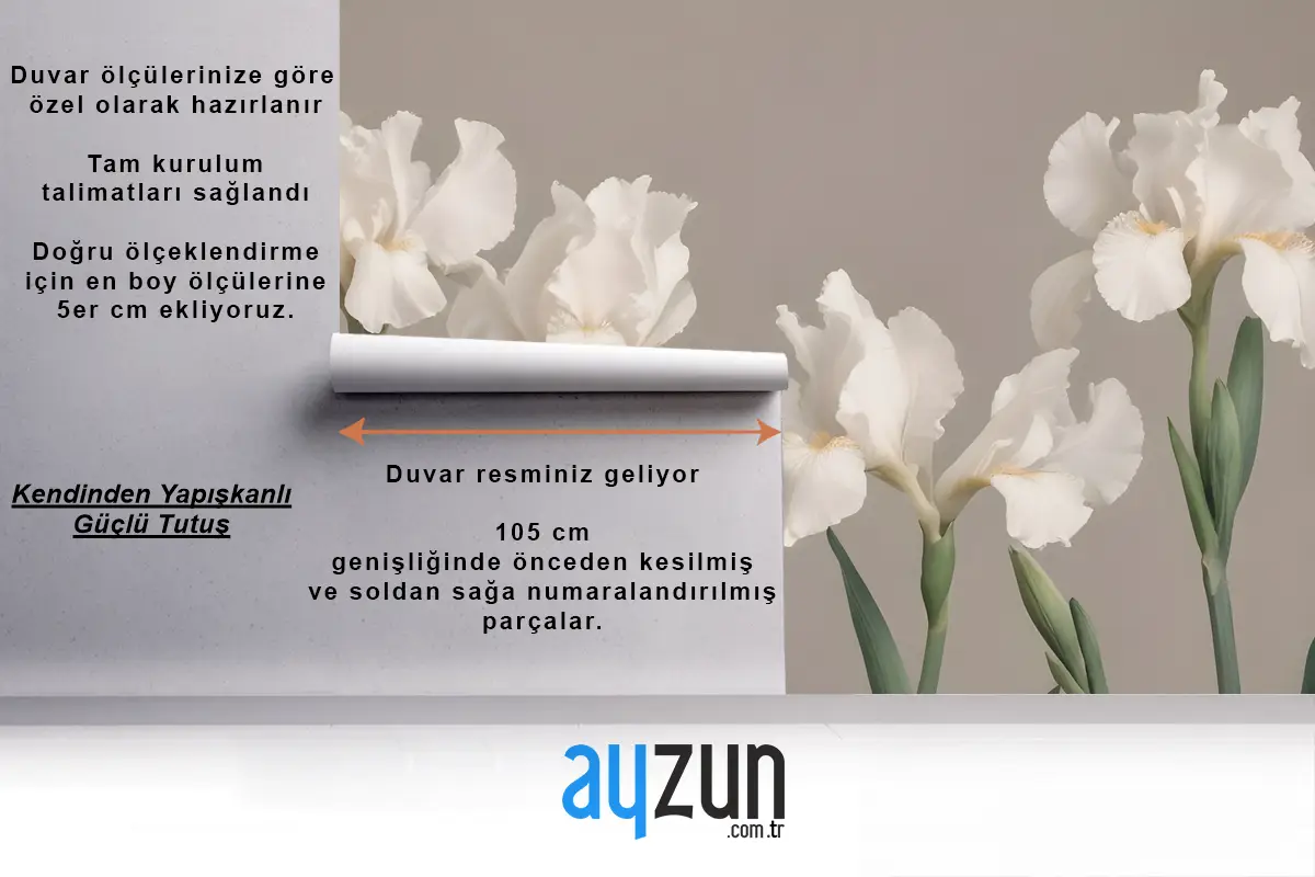 Nötr Oturma Odası Salon Duvar Kağıdı Duvarına Karşı Yeşil Saplı Beyaz İris Çiçekleri