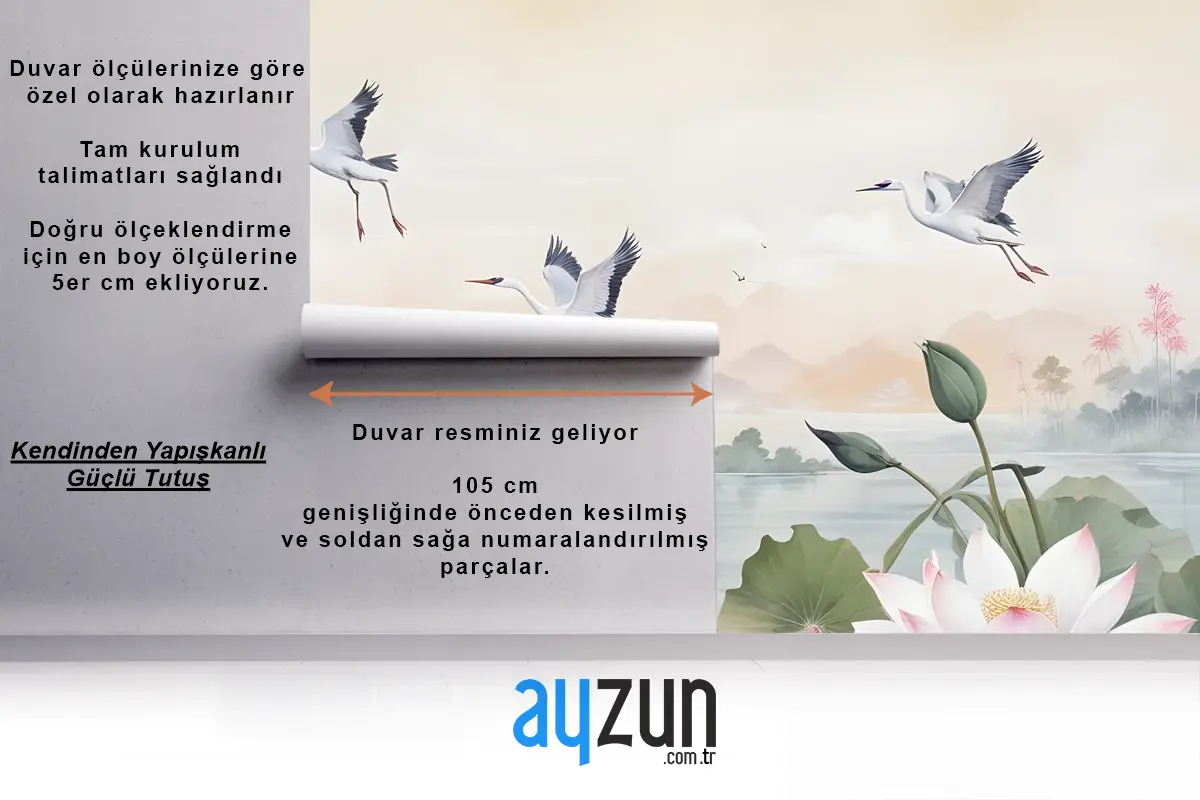 Beyaz Lotus Çiçek Ve Turna Kuşları Yatak Odası Duvar Kağıdı