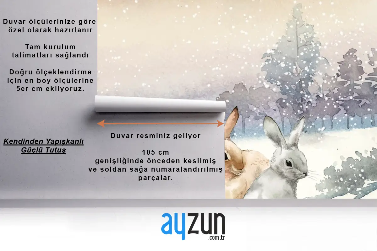 Kışın Karda Vahşi Tavşanlar Suluboya Çocuk Odası Duvar Kağıdı  Ile Boyanmış