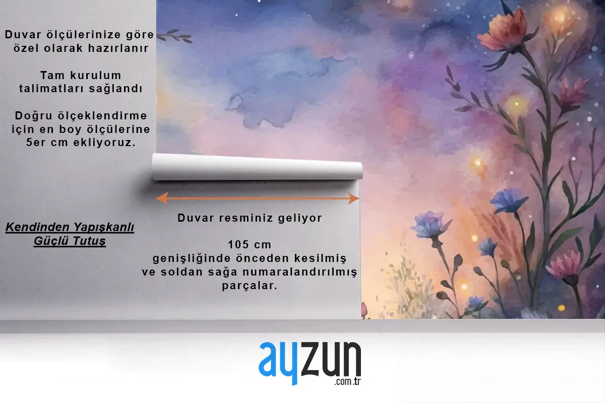 Gün Batımında Kır Çiçeği Suluboya Arka Plan Çocuk Odası Duvar Kağıdı