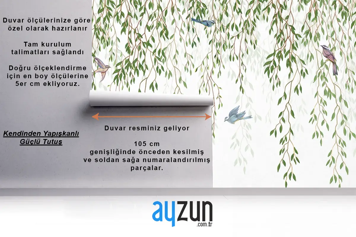 Yukarıdan Sarkan Söğüt Dalları Ve Beyaz Arka Planda Kuşlar Yatak Odası Duvar Kağıdı