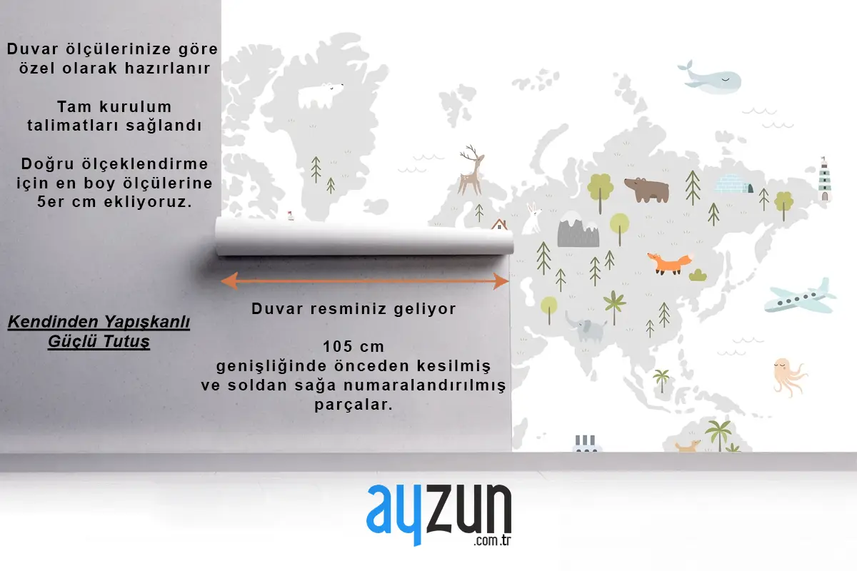 Hayvan Evleri Doğa Elemanları Çocuk Odası Duvar Kağıdı Ile Dünya Haritası