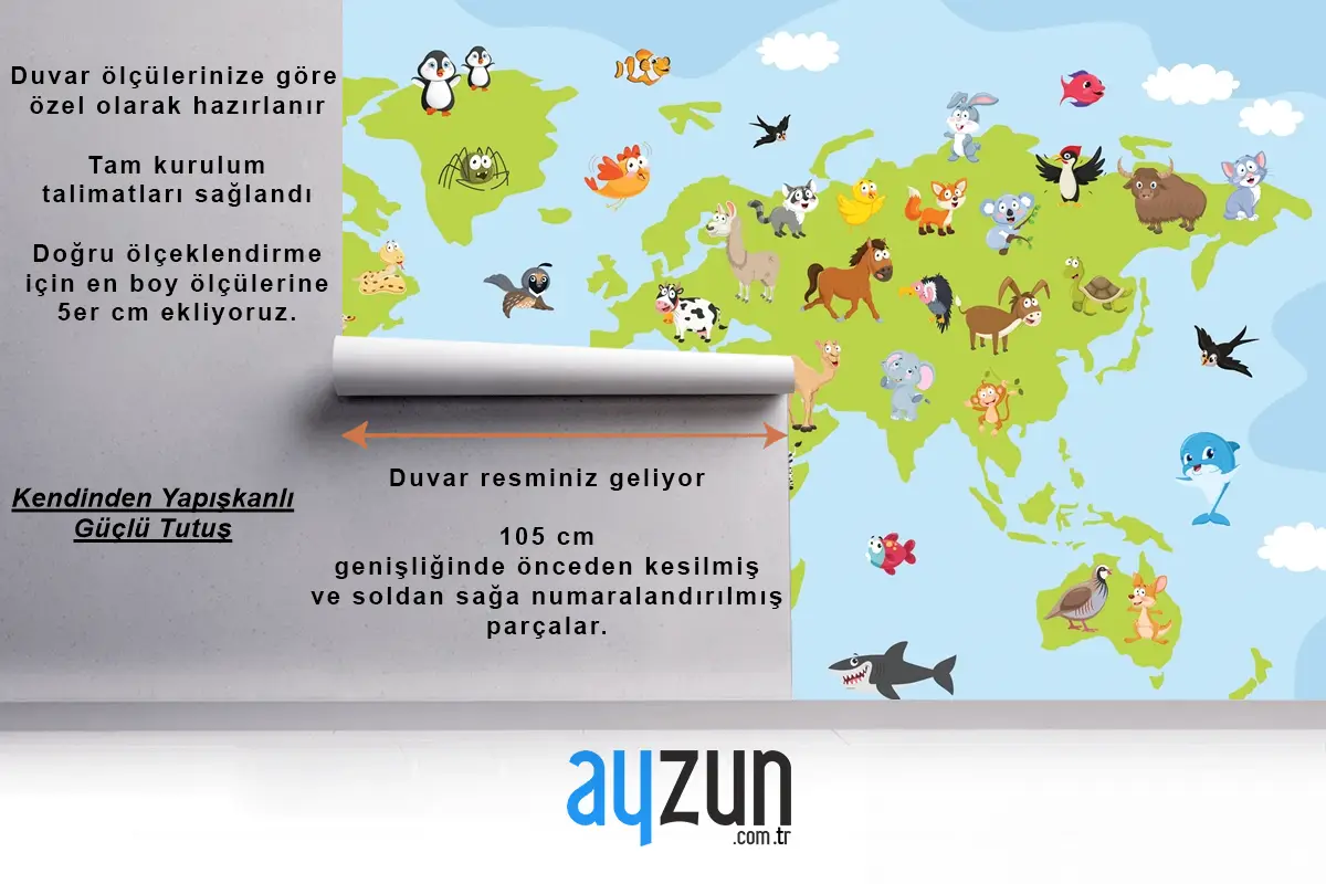 Karikatür Hayvanlı Dünya Haritası Çocuk Odası Duvar Kağıdı