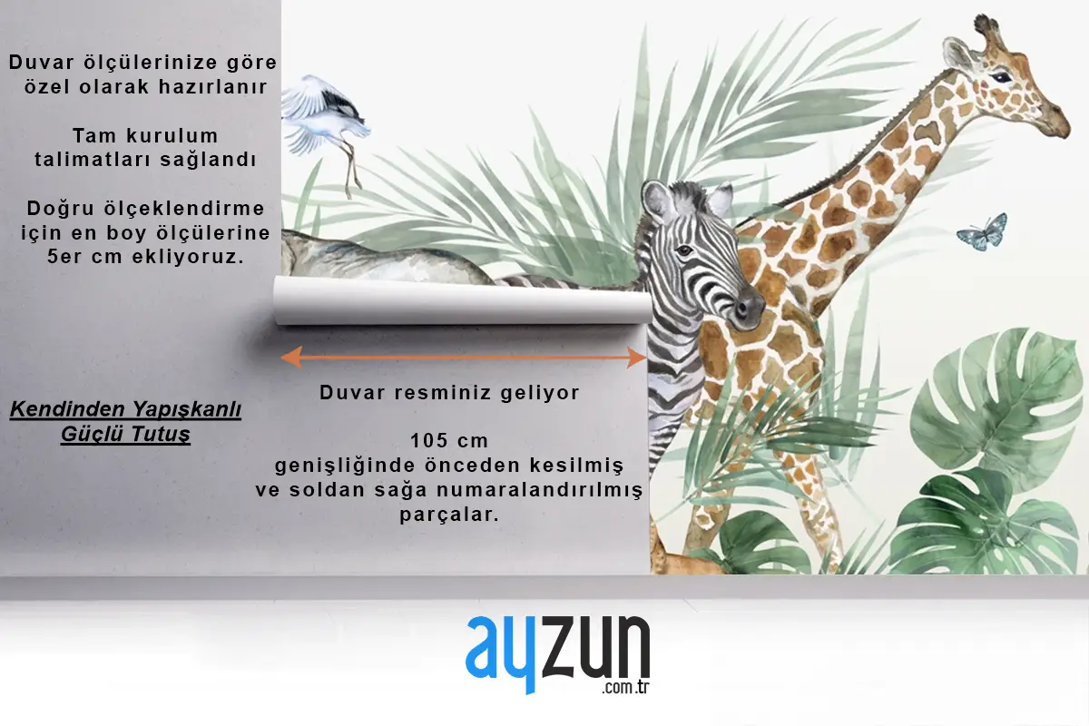 Yapraklar Tropikal Kuşlar Safari Hayvanları Çocuk Odası Duvar Kağıdı