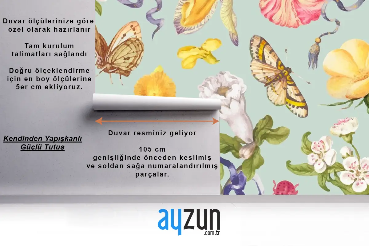 Yeşil Arka Planda Renkli Vintage Çiçek Deseni Duvar Kağıdı