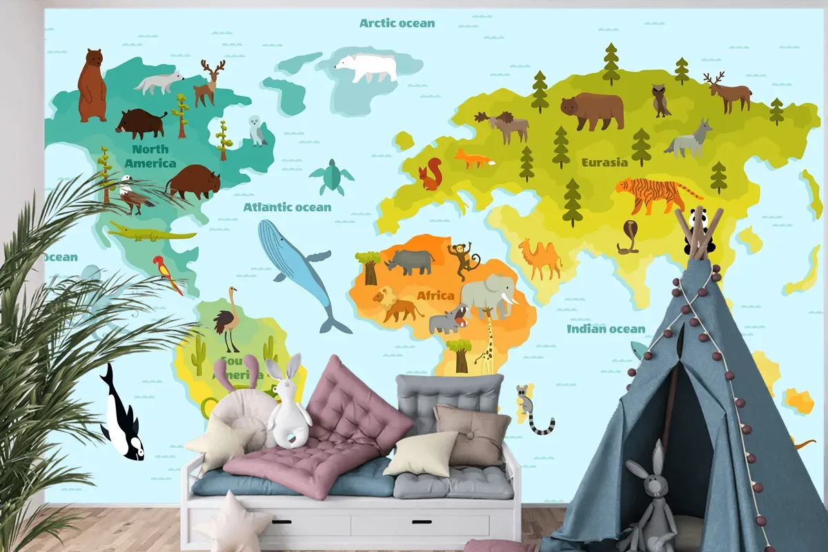 Kıtalar Çocuk Odası Duvar Kağıdı  Olan Çocuklar İçin Komik Karikatür Hayvan Dünya Haritası