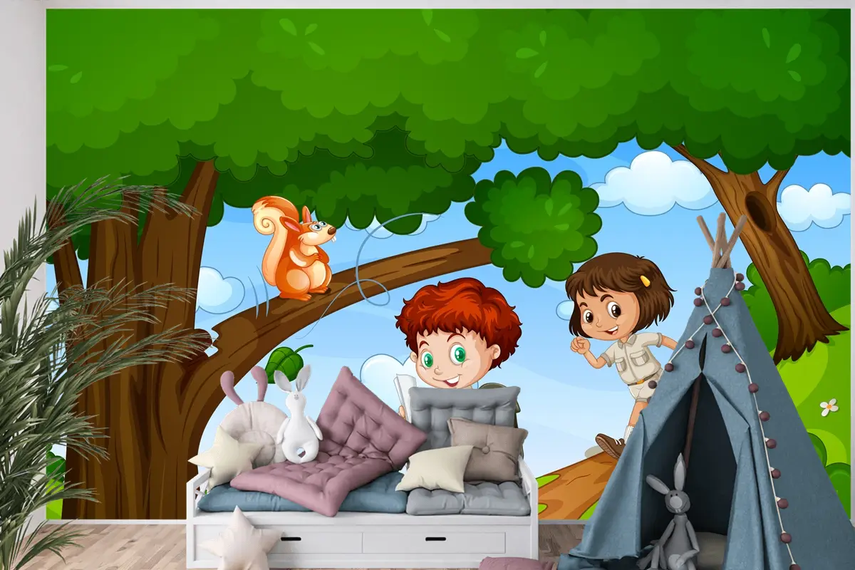 Erkek Ve Kız Sevimli Hayvan Sahnesi Çocuk Odası Duvar Kağıdı Yle Parkta Keyfini Çıkarıyor