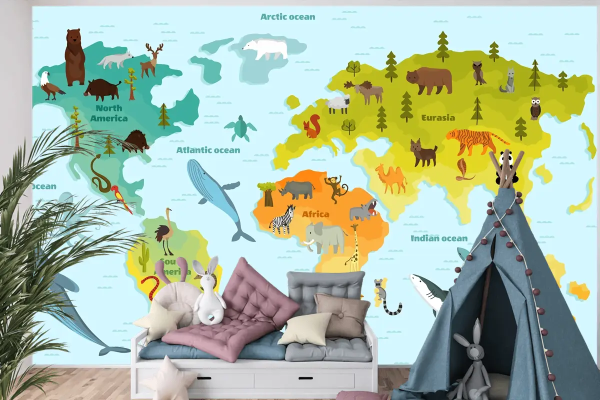 Farklı Hayvan Çocuk Odası Duvar Kağıdı  Ile Dünya Haritası