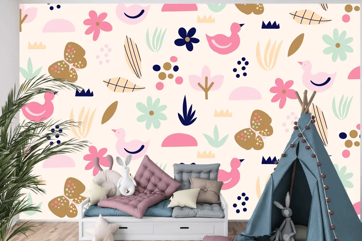 Düz İskandinav Tasarım Desenli Çocuk Odası Duvar Kağıdı 