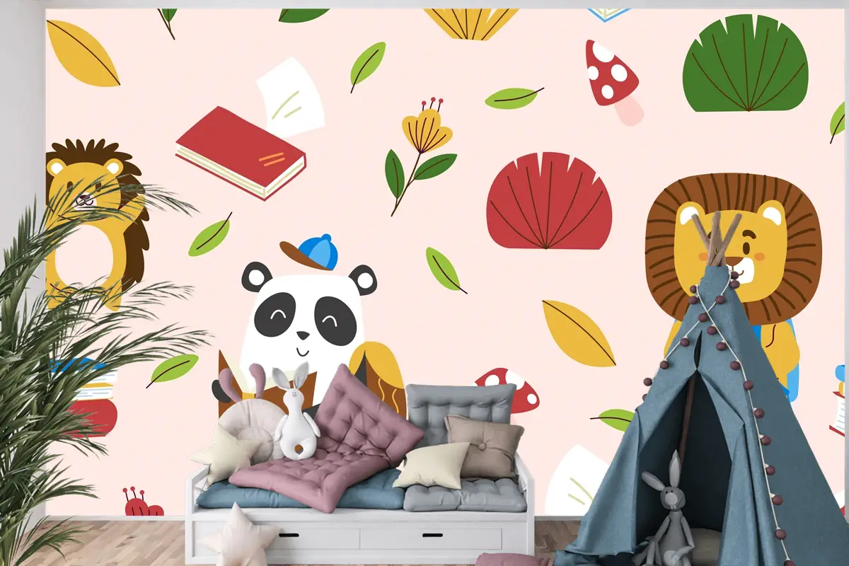 Elle Çizilmiş Çocuksu Hayvanlar Desen Çocuk Odası Duvar Kağıdı 