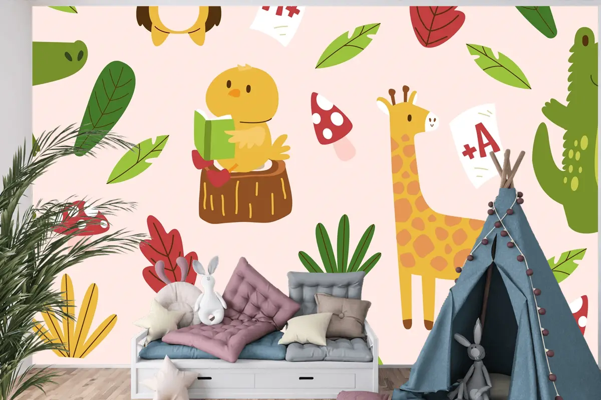 Elle Çizilmiş Çocuksu Hayvanlar Desen Çocuk Odası Duvar Kağıdı 