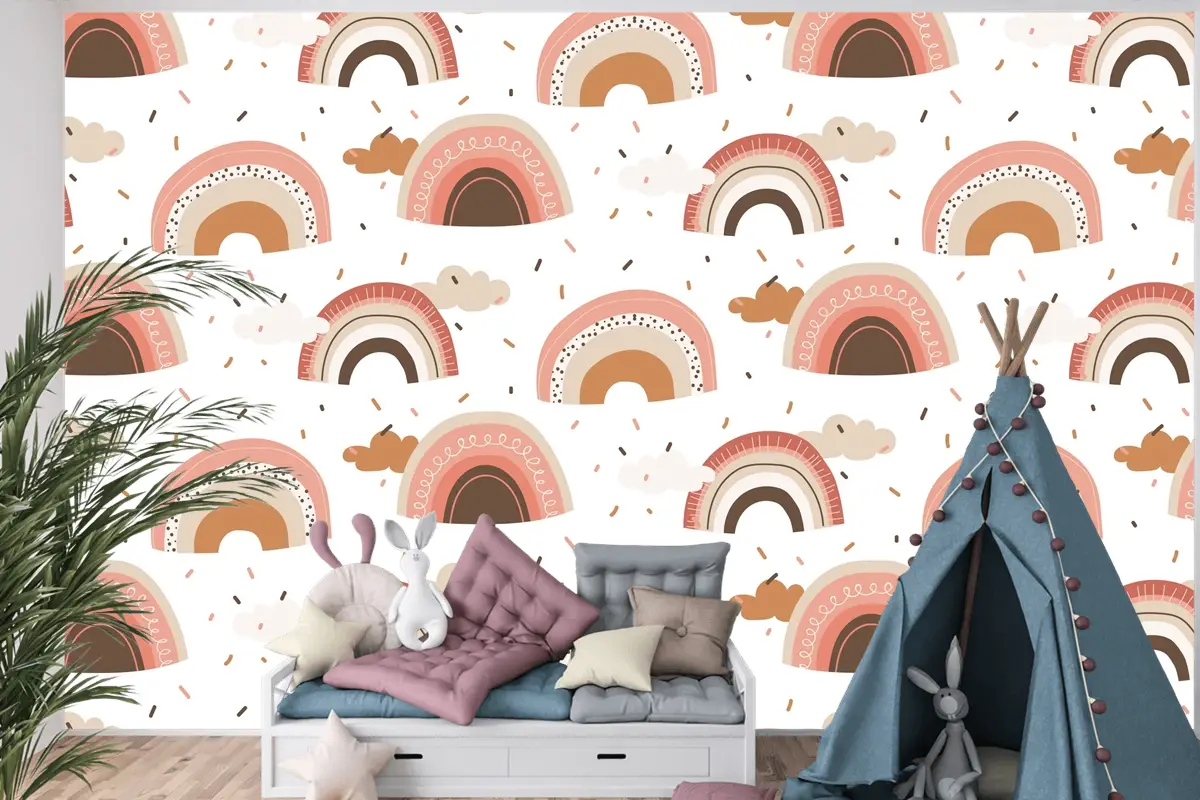 Elle Çizilmiş Gökkuşağı Desen Tasarımı Çocuk Odası Duvar Kağıdı