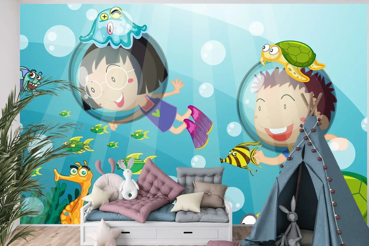 Mutlu Çocuklarla Sualtı Sahnesi Tüplü Dalış Çocuk Odası Duvar Kağıdı