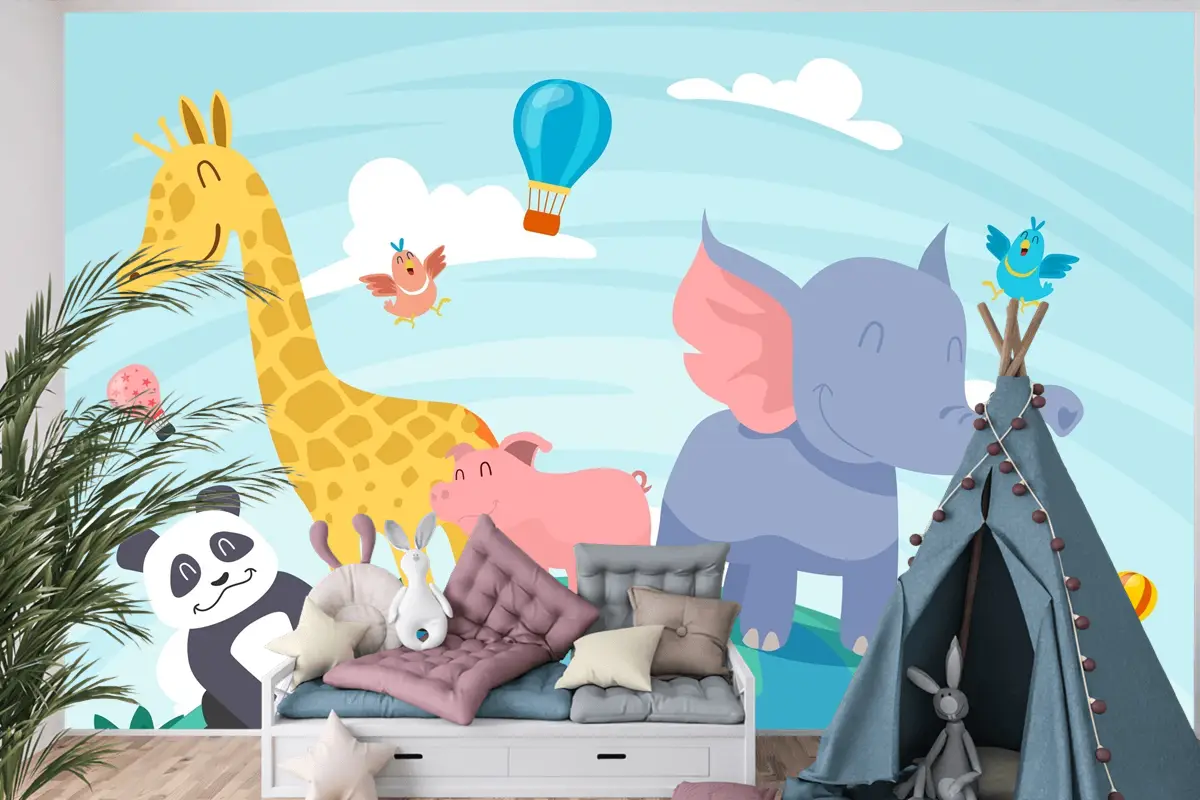 Düz Dünya Hayvan Günü Arka Plan Çocuk Odası Duvar Kağıdı 