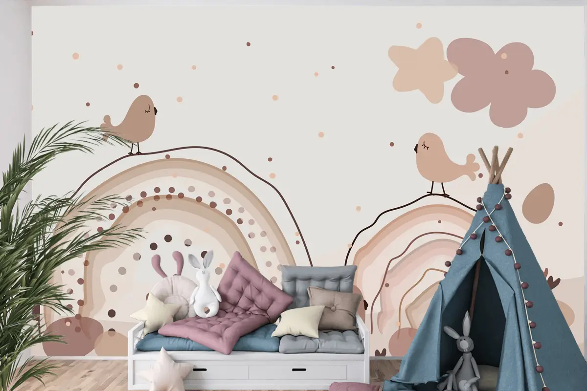 Suluboya Gökkuşağı Mutlu Paskalya Bej Çocuk Odası Duvar Kağıdı