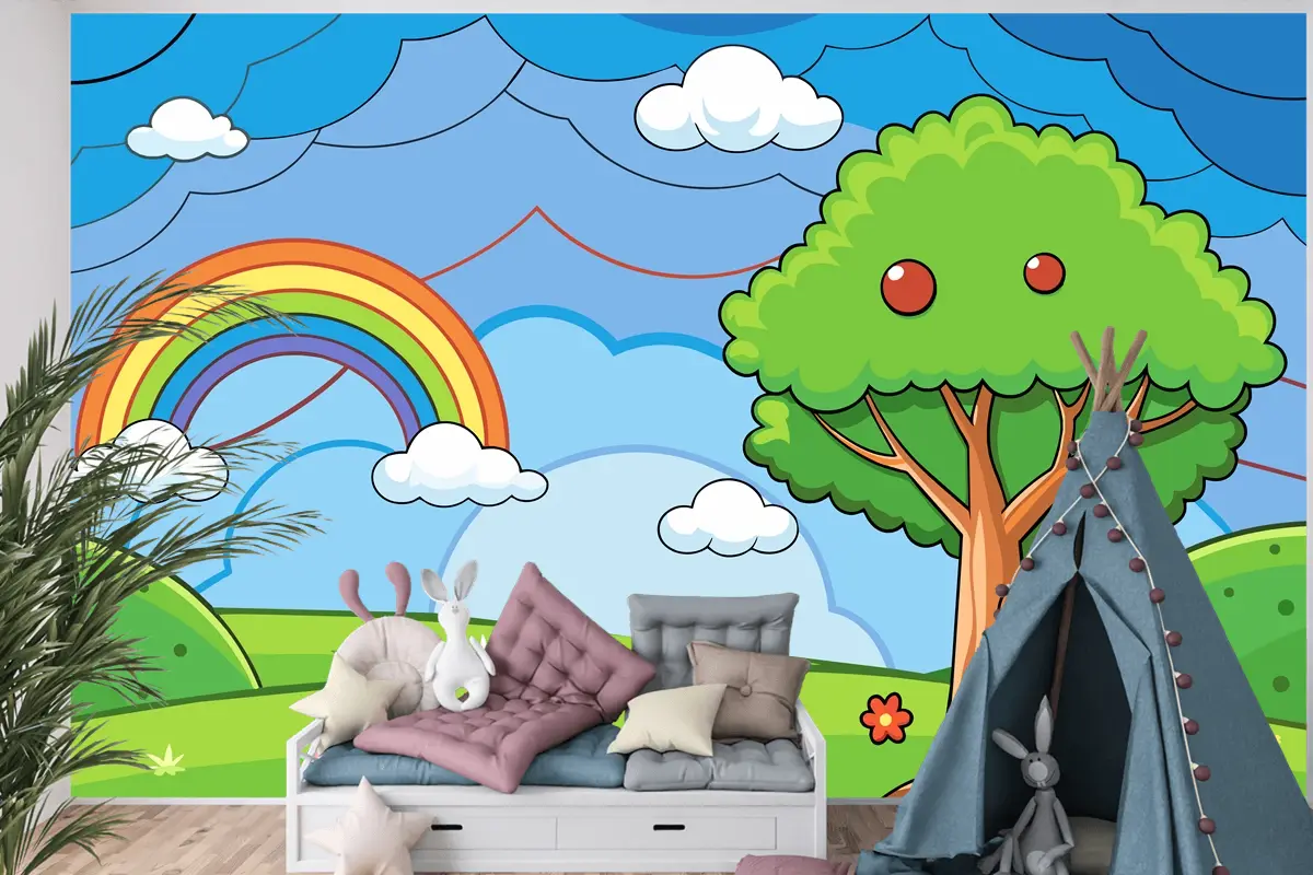 Çocuk Odası Duvar Kağıdı Nde Ağaç Ve Gökkuşağının Bulunduğu Renkli Bir Gökkuşağı Çizimi