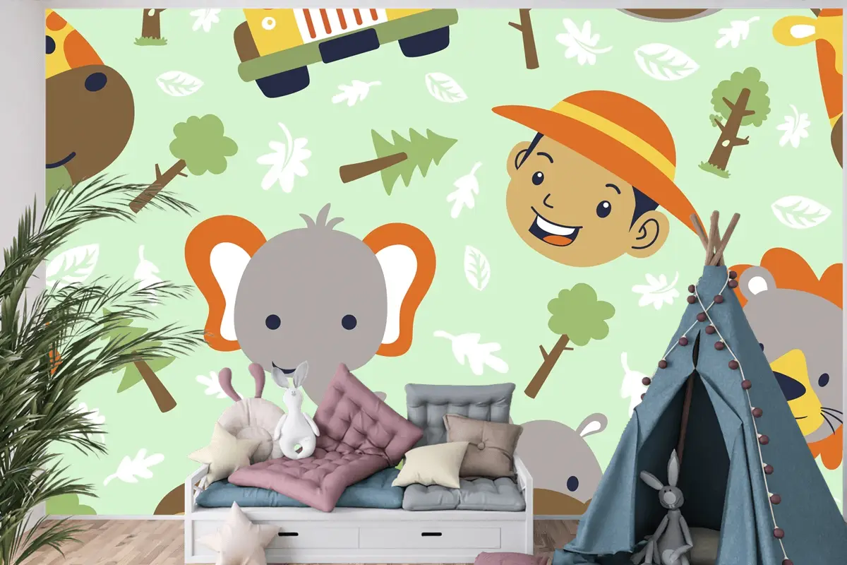 Komik Safari Hayvanları Kafa Karikatürü Ve Kusursuz Desenli Küçük Çocuk Kafası Çocuk Odası Duvar Kağıdı