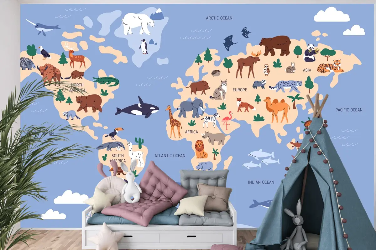Suda Ve Yeryüzünde Hayvanların Bulunduğu Dünya Haritası Coğrafya Çocuk Odası Duvar Kağıdı