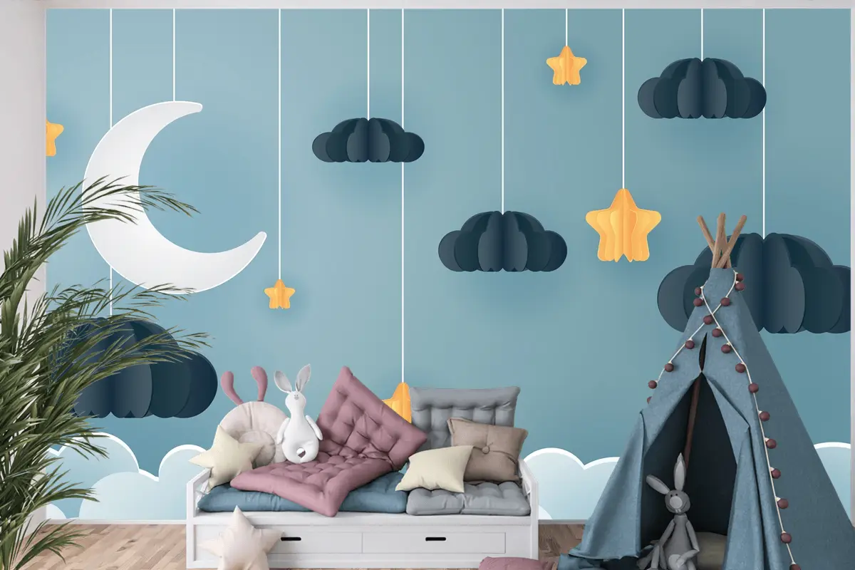 Gece Çocuk Odası Duvar Kağıdı  Ile Ay Ve Yıldızdaki Aile