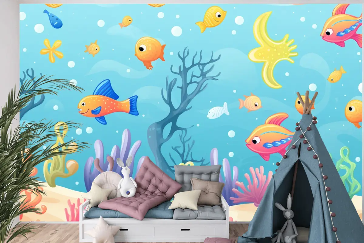 Palyaço Balığı Ve Mercanla Bir Mercan Resifinin Tablosu Çocuk Odası Duvar Kağıdı