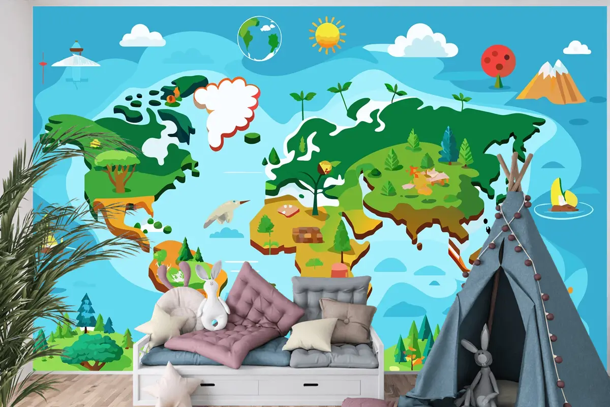 Farklı Ağaç Türleriyle Dünya Haritası İnteraktif Dünya Haritası Çocuk Odası Duvar Kağıdı