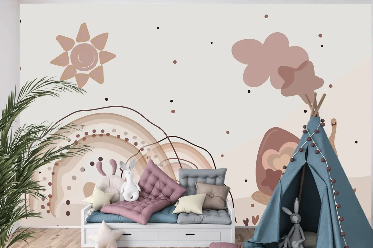 Suluboya Gökkuşağı Ve Salyangoz Bej Çocuk Odası Duvar Kağıdı