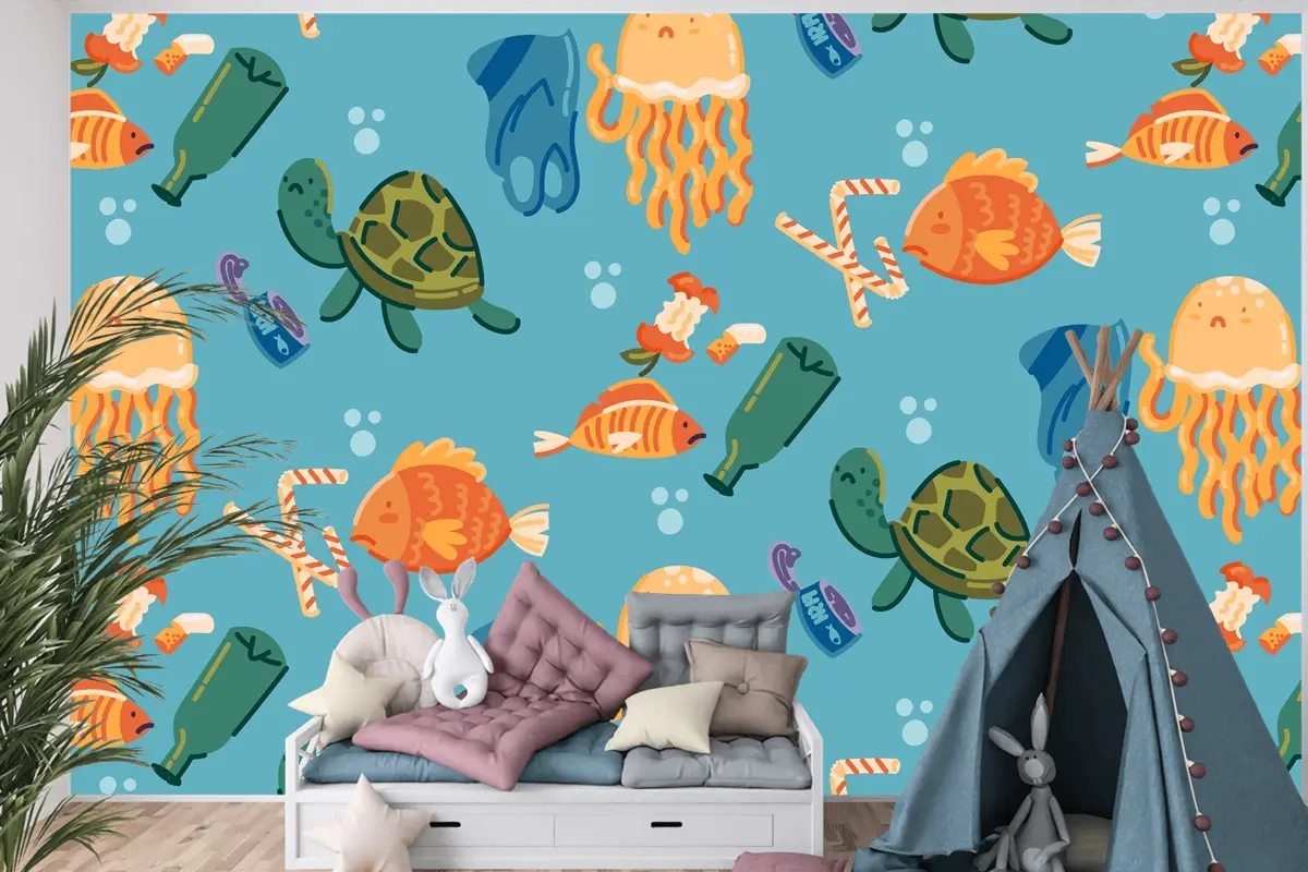 Elle Çizilmiş Okyanusları Kurtar Desen Çocuk Odası Duvar Kağıdı 