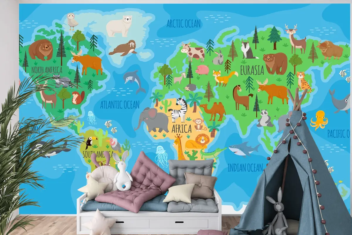 Orman Hayvanları Çocuk Odası Duvar Kağıdı Ile Çocuk Odası İçin Karikatür Dünya Haritası