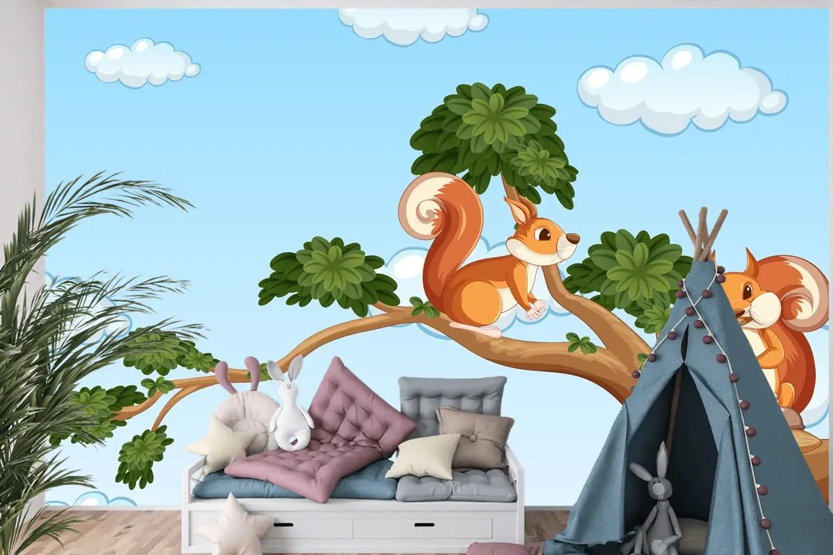 Daldaki İki Sincap Çocuk Odası Duvar Kağıdı