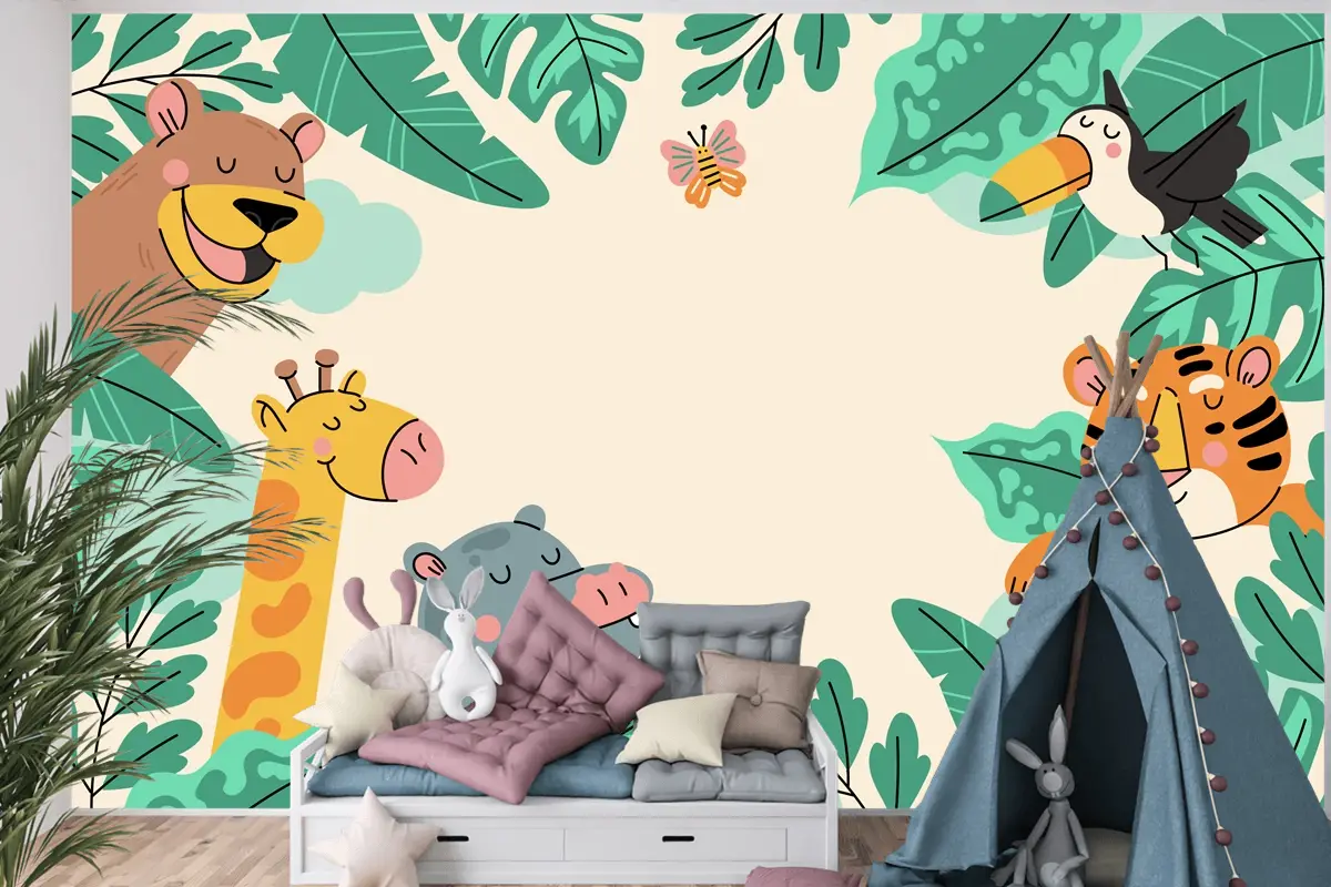 Elle Çizilmiş Yaban Hayatı Arka Plan Çocuk Odası Duvar Kağıdı 