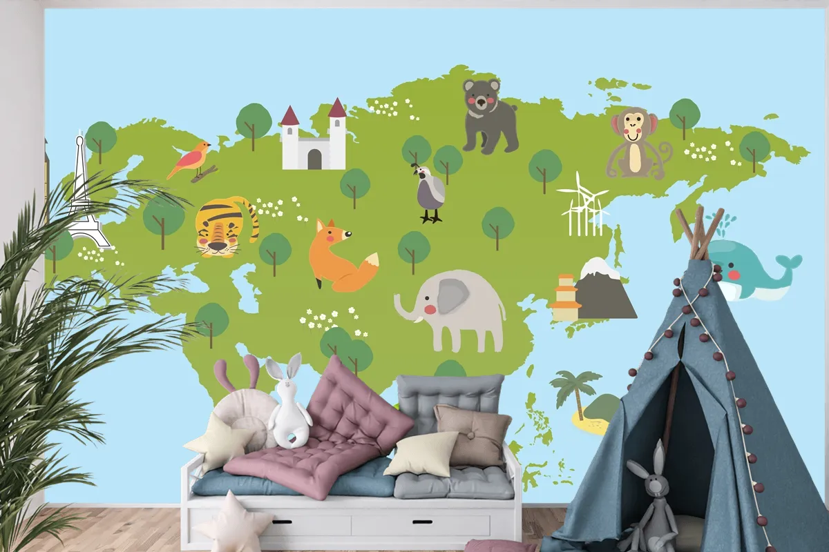 Yaban Hayatı Habitatlarının Çizim Stili Seti Çocuk Odası Duvar Kağıdı