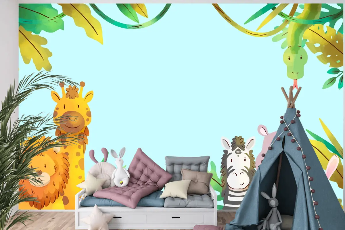 Suluboya Yaban Hayatı Arka Plan Çocuk Odası Duvar Kağıdı 