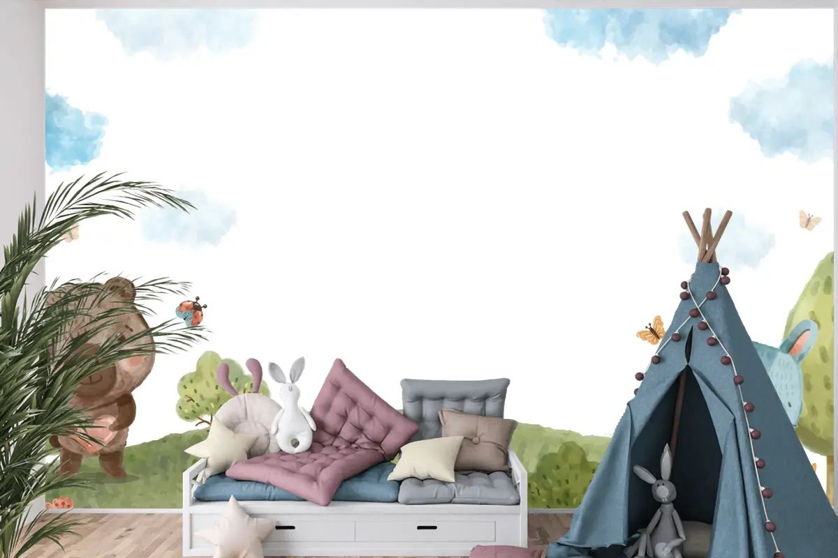 Suluboya Yaban Hayatı Arka Plan Çocuk Odası Duvar Kağıdı 