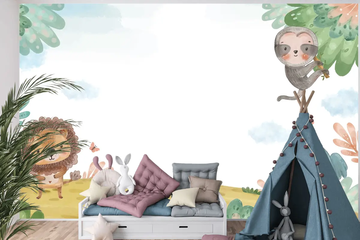 Suluboya Yaban Hayatı Arka Plan Çocuk Odası Duvar Kağıdı 