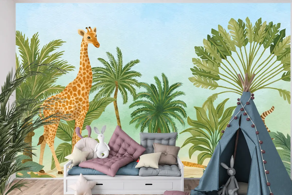 Suluboya Yaban Hayatı Arka Plan Çocuk Odası Duvar Kağıdı 