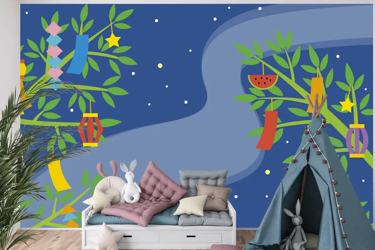 Dallarda Süslemeli Düz Tanabata Arkaplan Çocuk Odası Duvar Kağıdı