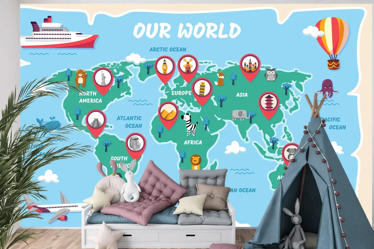 Elle Çizilmiş Çocuk Haritası Çocuk Odası Duvar Kağıdı