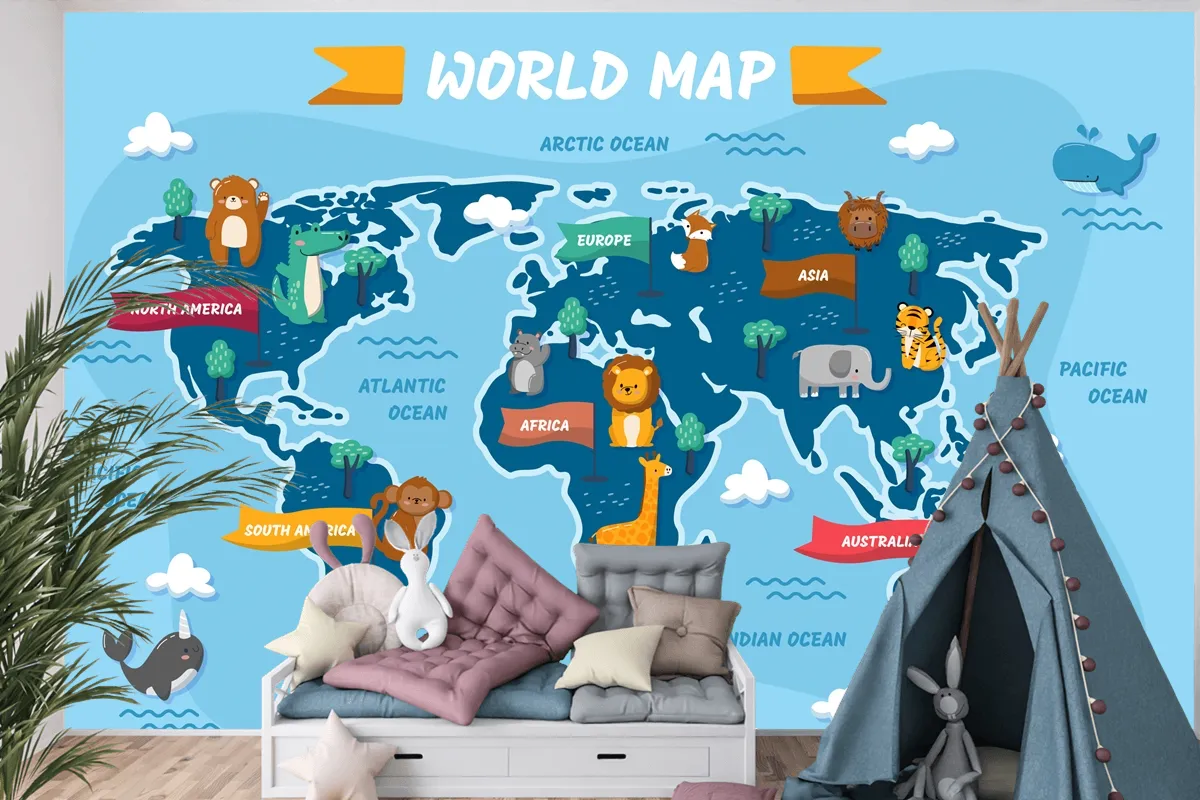 Elle Çizilmiş Çocuk Haritası Çocuk Odası Duvar Kağıdı