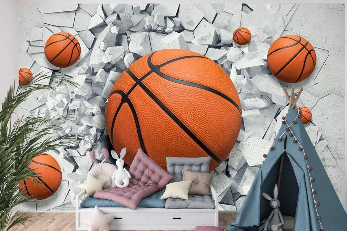 3 Boyutlu Çatlak Duvar Içinde Basketbol Topu Çocuk Odası Duvar Kağıdı