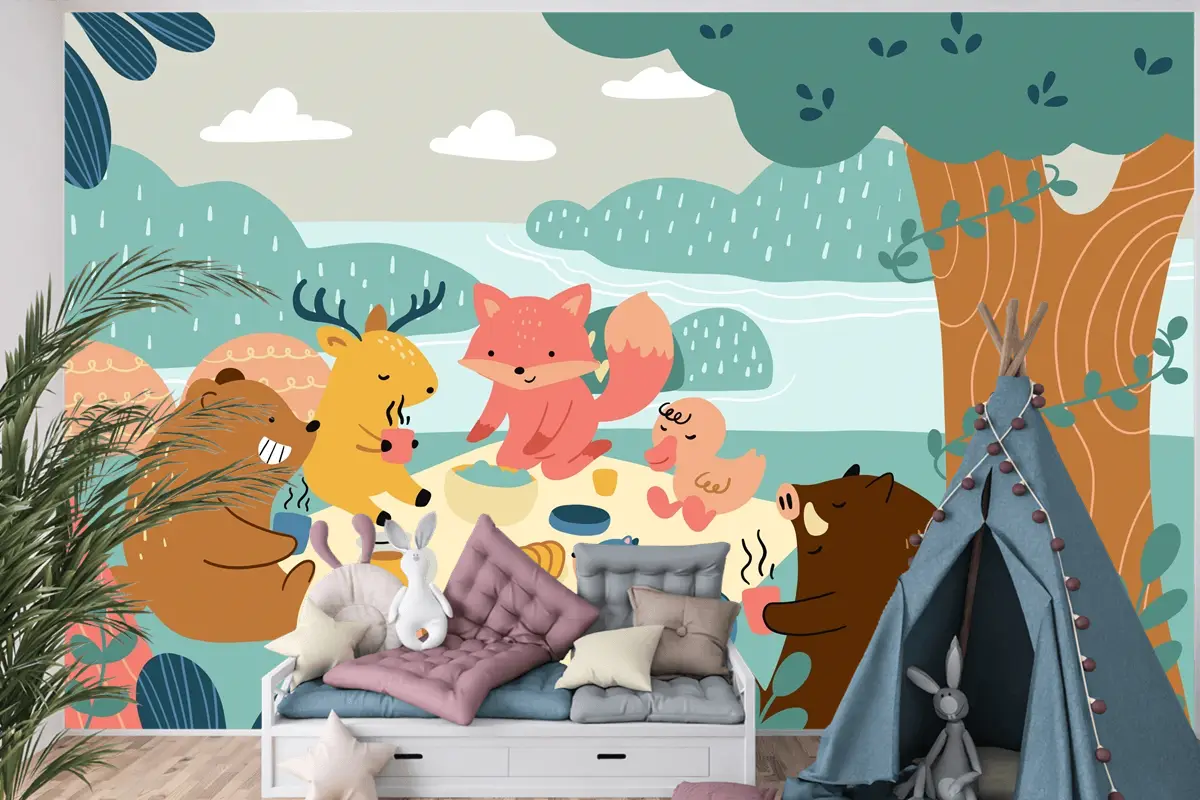 Düz Dünya Hayvan Günü Çocuk Odası Duvar Kağıdı 