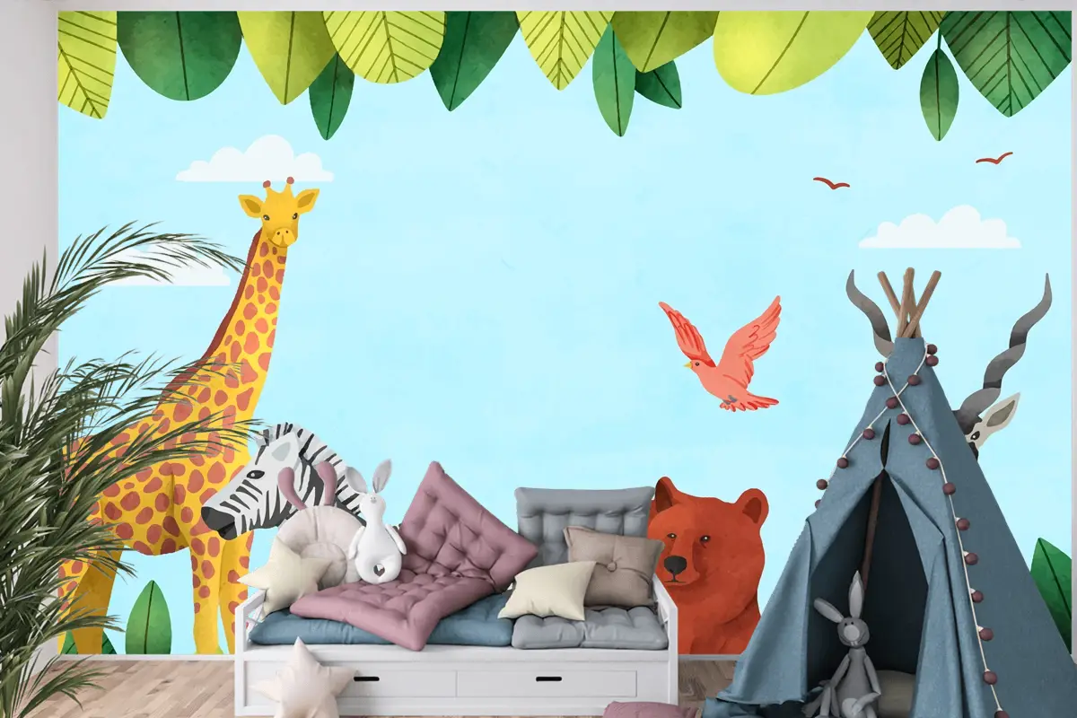 Suluboya Dünya Hayvan Günü Arka Plan Çocuk Odası Duvar Kağıdı 