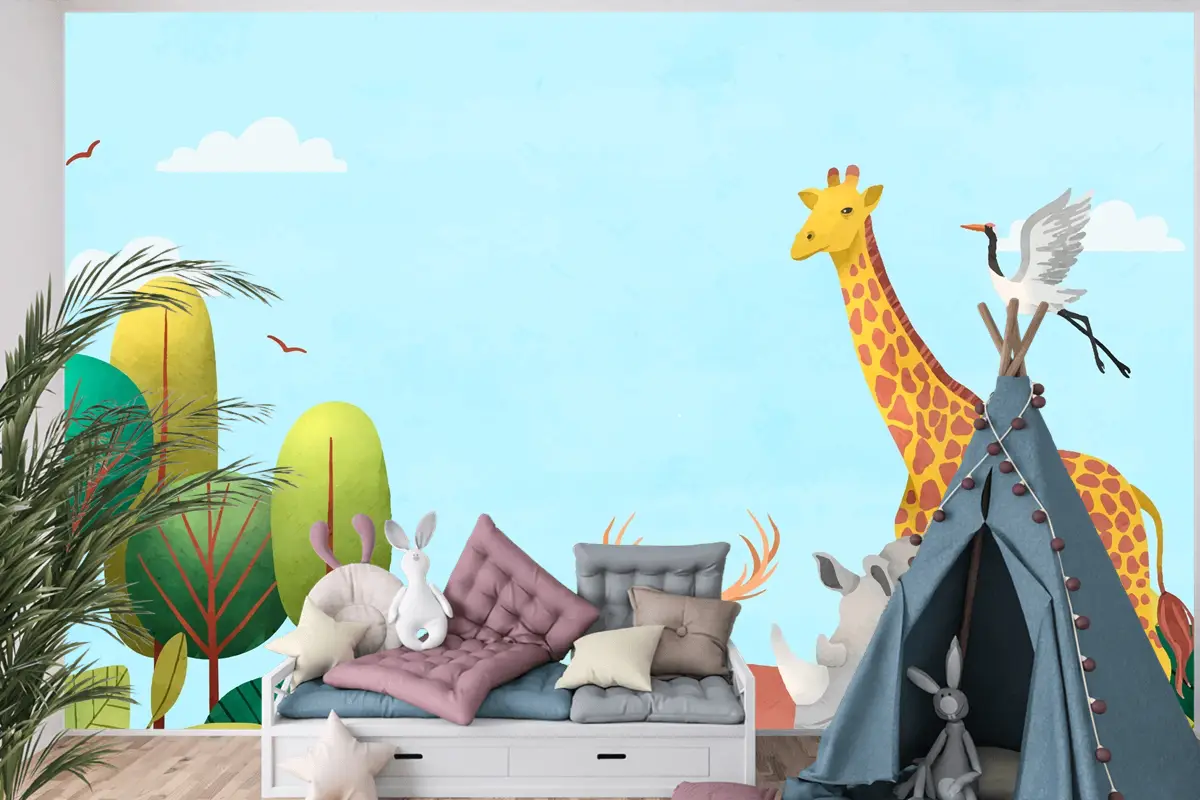 Suluboya Dünya Hayvan Günü Arka Plan Çocuk Odası Duvar Kağıdı 