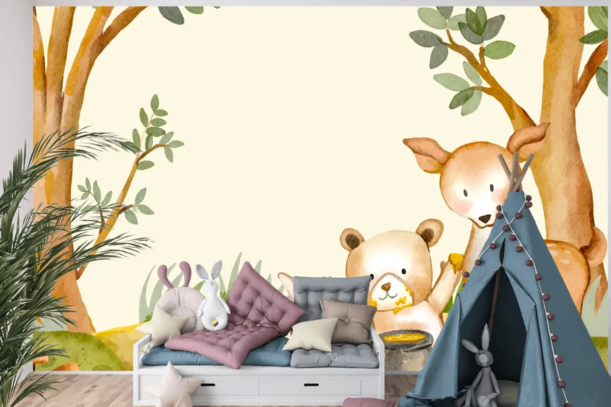 Suluboya Orman Hayvanları Arka Plan Çocuk Odası Duvar Kağıdı 