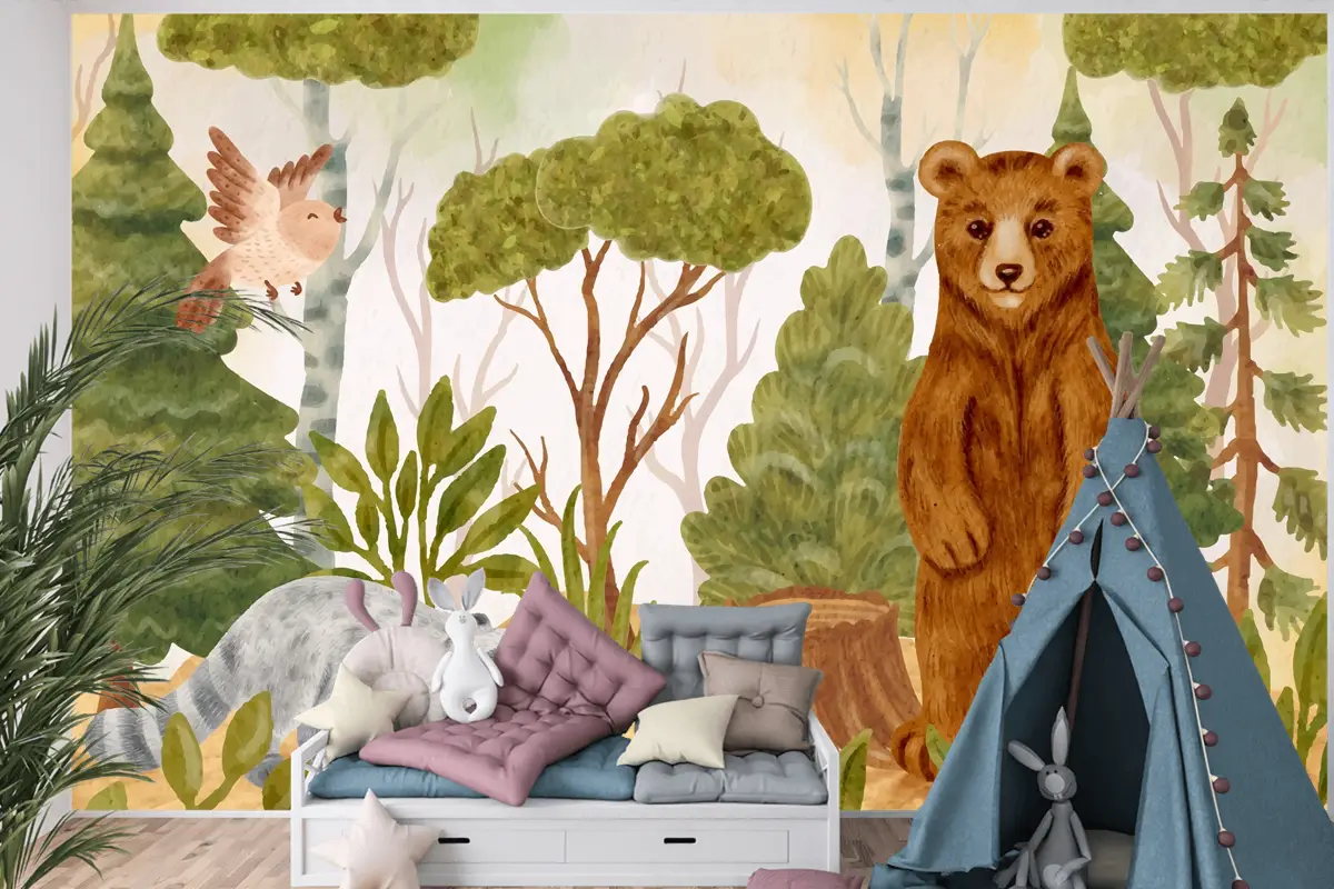 Suluboya Orman Hayvanları Arka Plan Çocuk Odası Duvar Kağıdı 