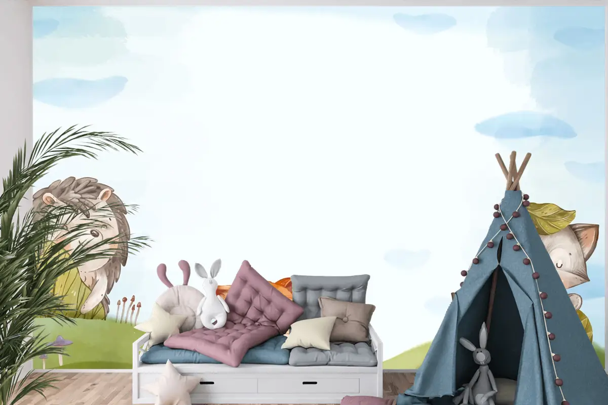 Suluboya Orman Hayvanları Arka Plan Çocuk Odası Duvar Kağıdı 